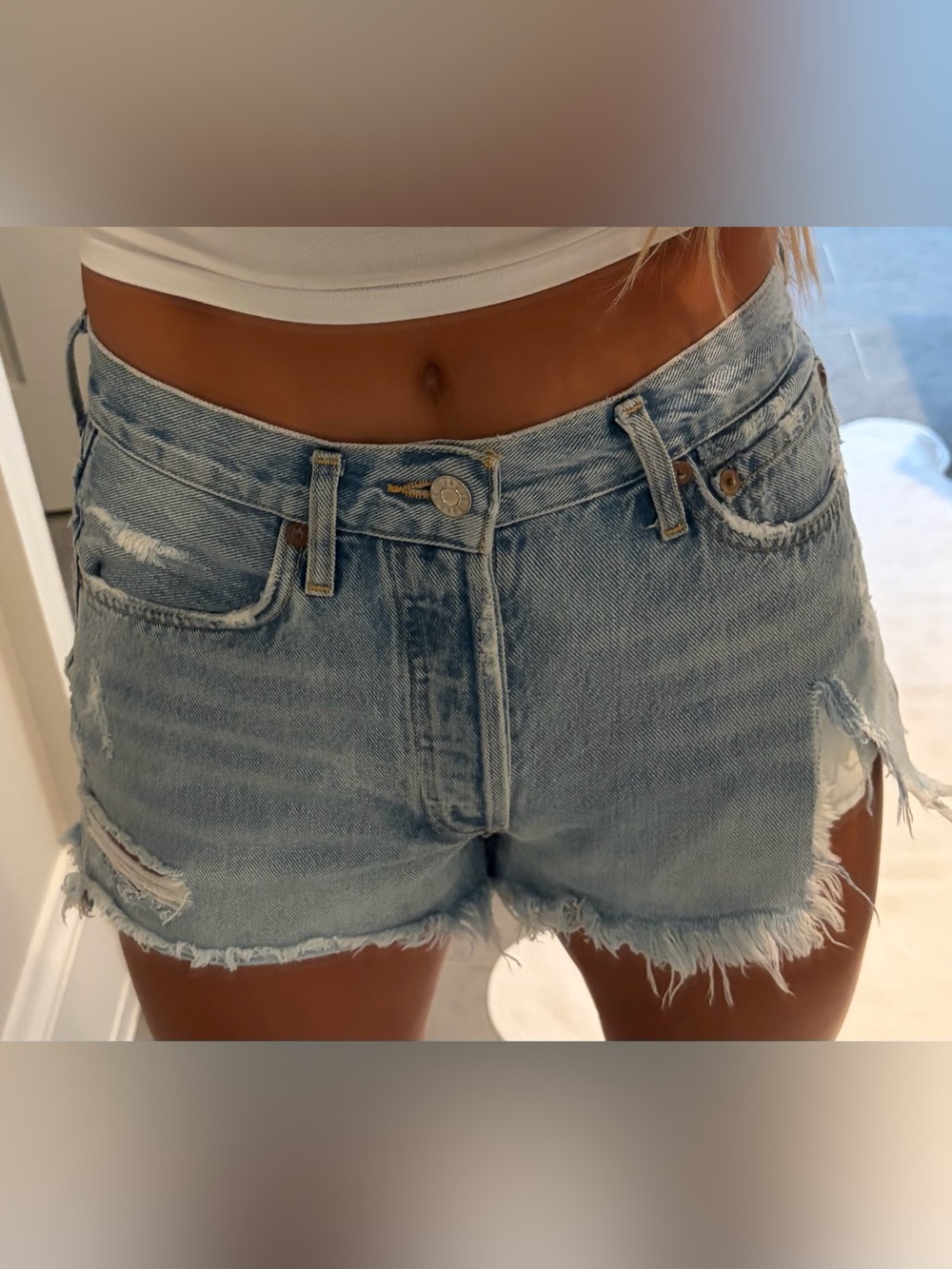 Agolde Light Blue Distressed Denim Shorts
